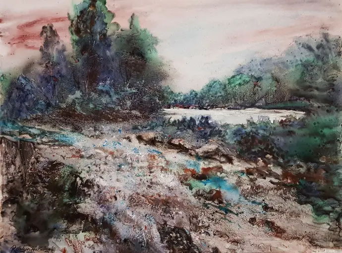 Original watercolour painting of  a lake and small stream in the mountains.