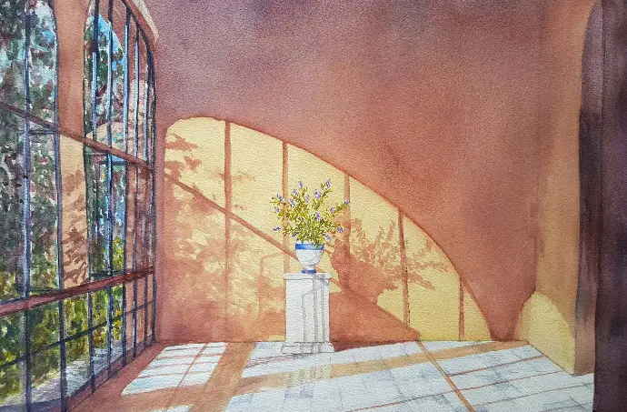 Original watercolour painting of a vase  on a pedestal being lit through a stained glass window.