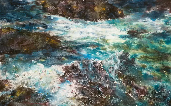 Giclee print of water flowing over rocks in a river