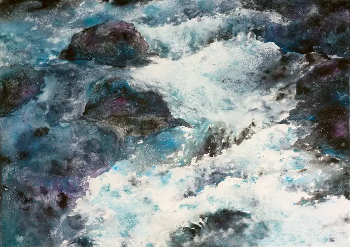 Original watercolour painting of water rushing over rocks in a river.