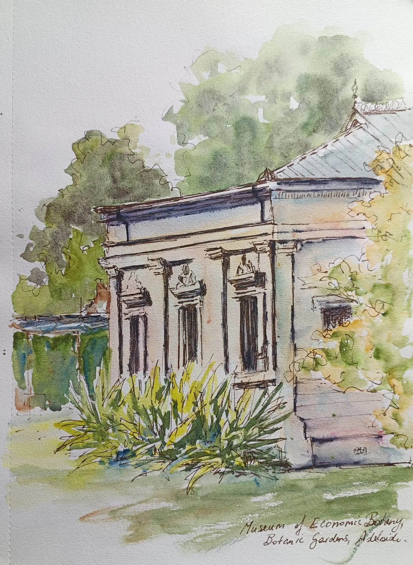 Pen and coloured wash sketch of colonial house Pen and coloured wash sketch of colonial house