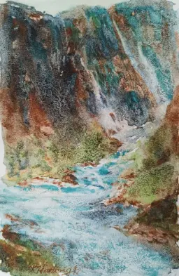 mountain stream watercolour painting