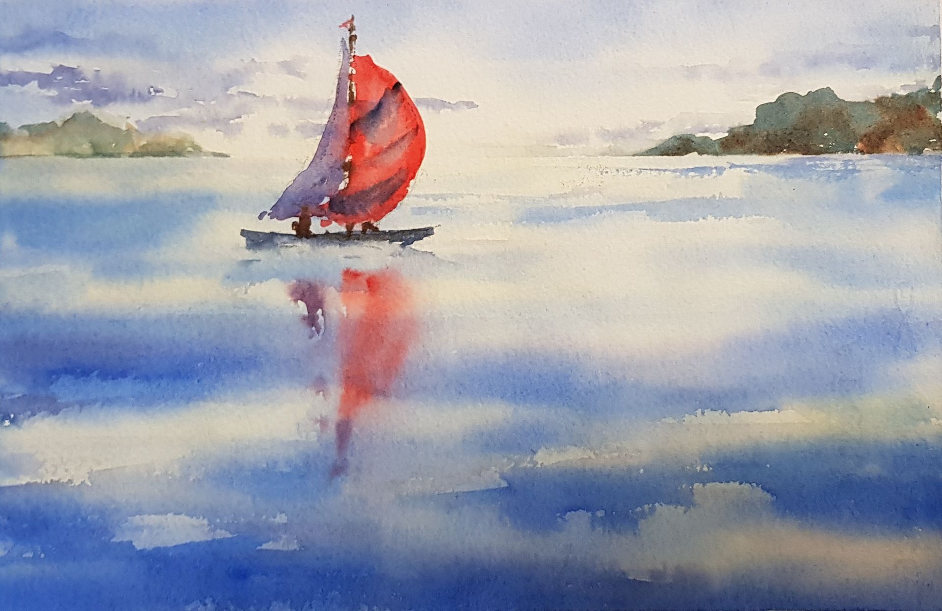 red sailboat refection on water watercolour painting