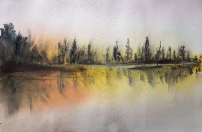 tree reflections on water watercolour painting