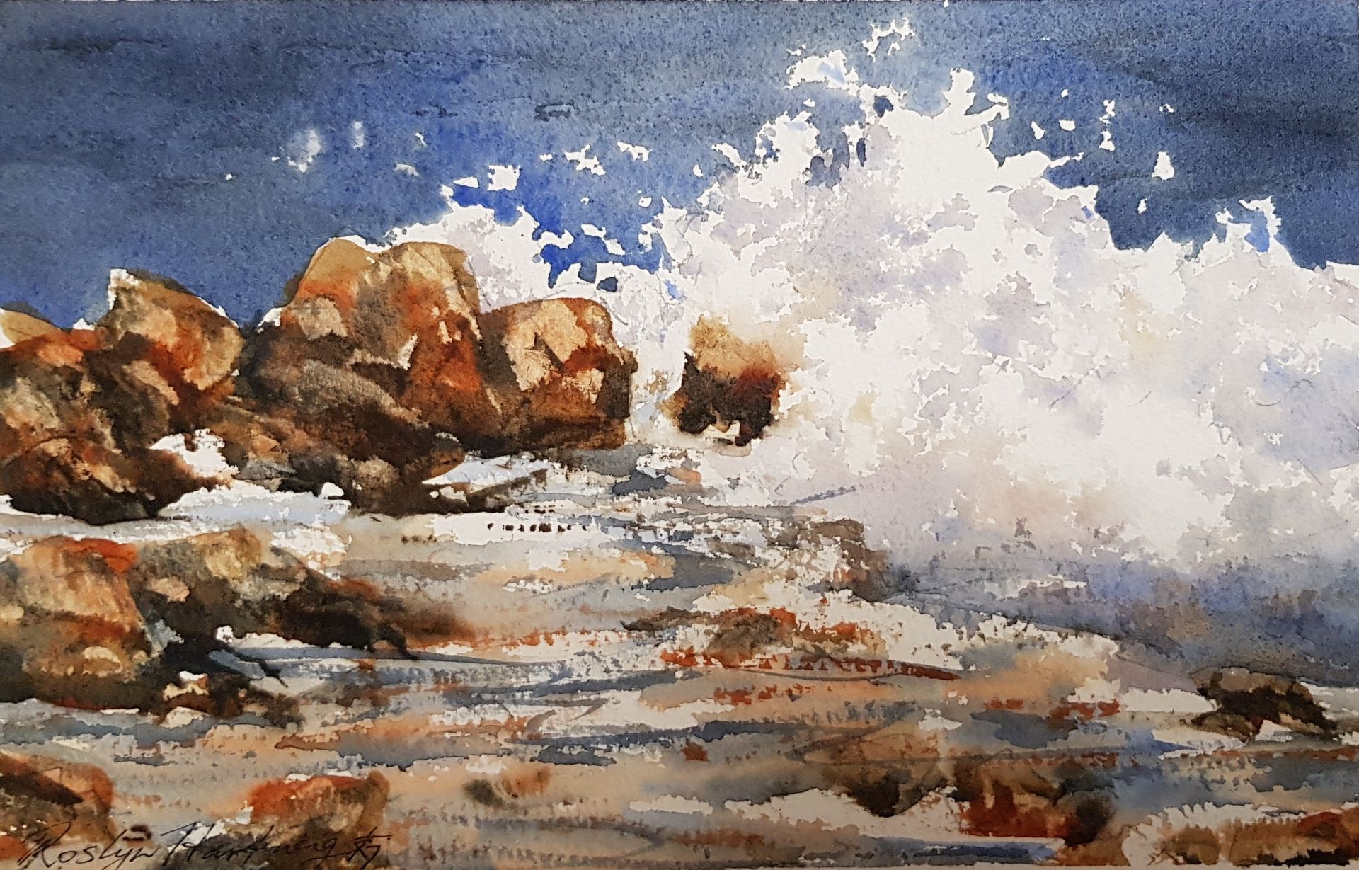 waves crash on rocks watercolour painting