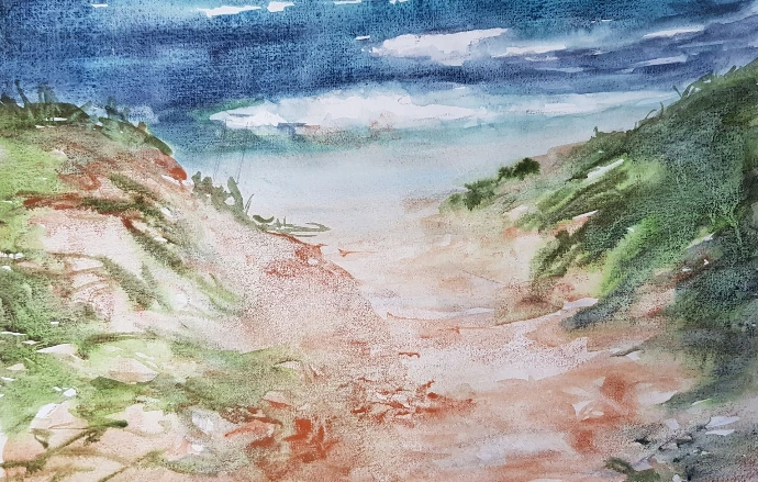 walk through sand dunes to beach watercolour painting