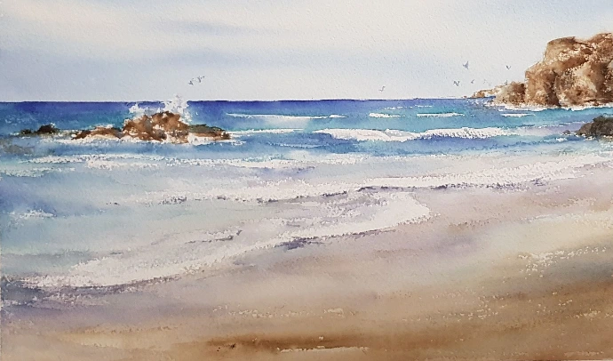 waves lap on golden beach watercolour painting