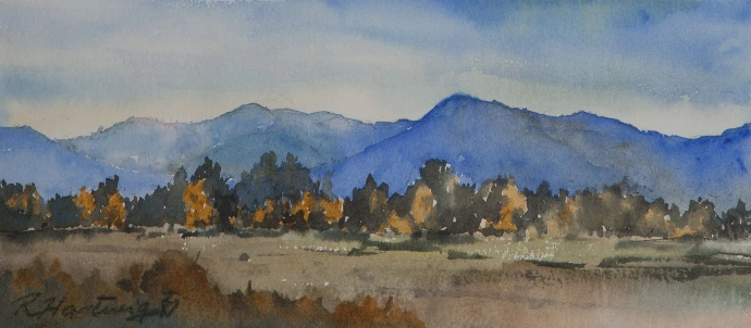 distant hills and trees watercolour painting