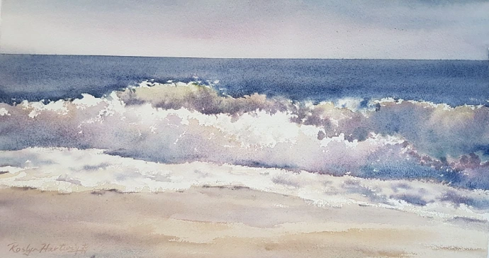 waves crash on golden beach watercolour painting