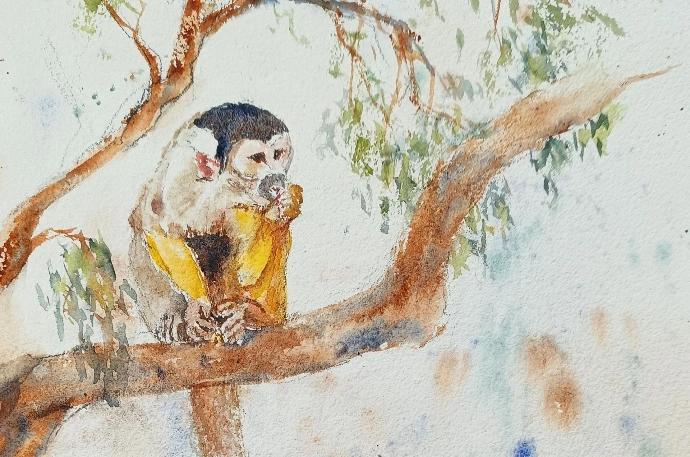 cute yellow monkey stitting in a tree watercolour painting